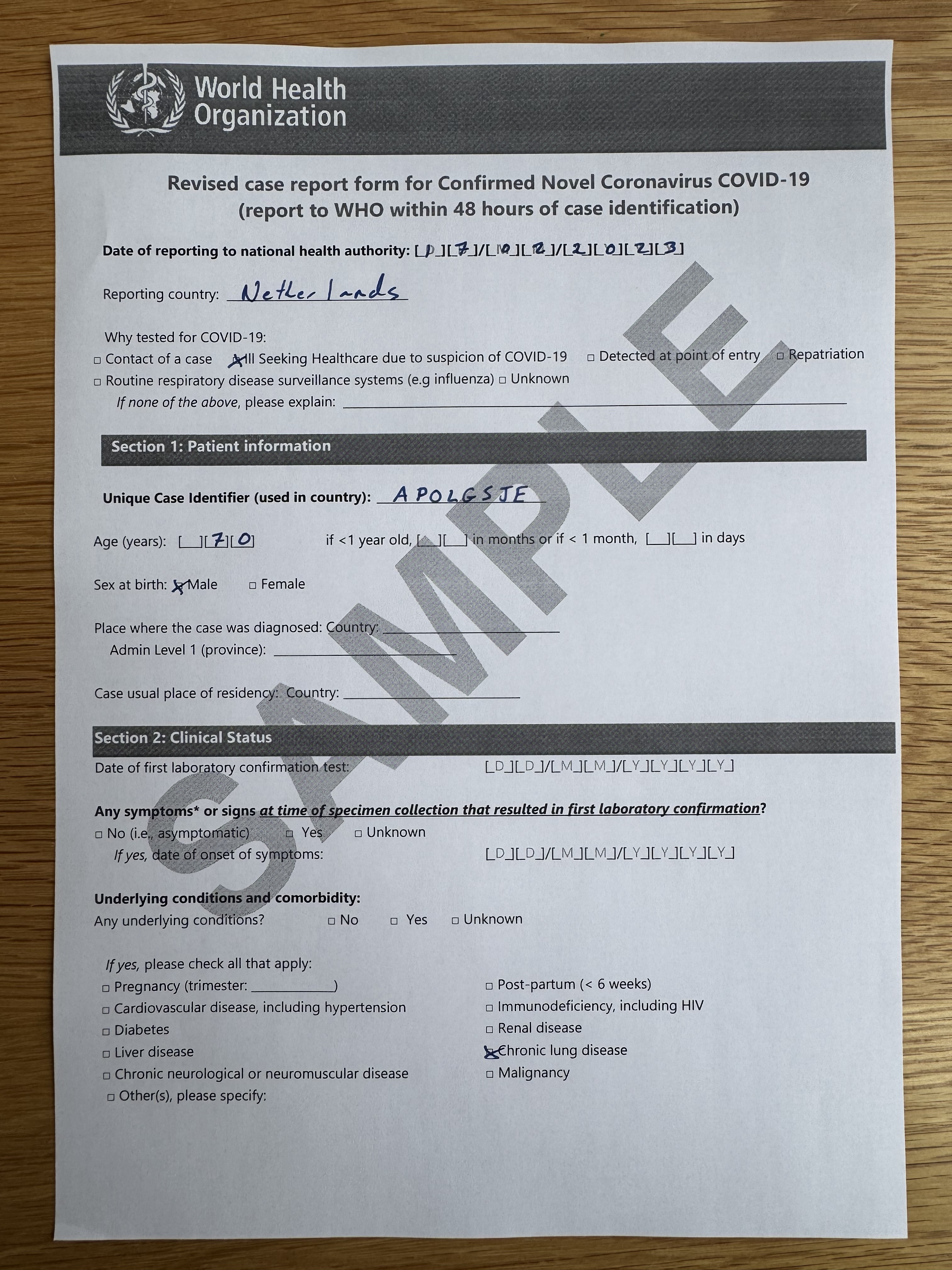 A sample WHO COVID-19 reporting form